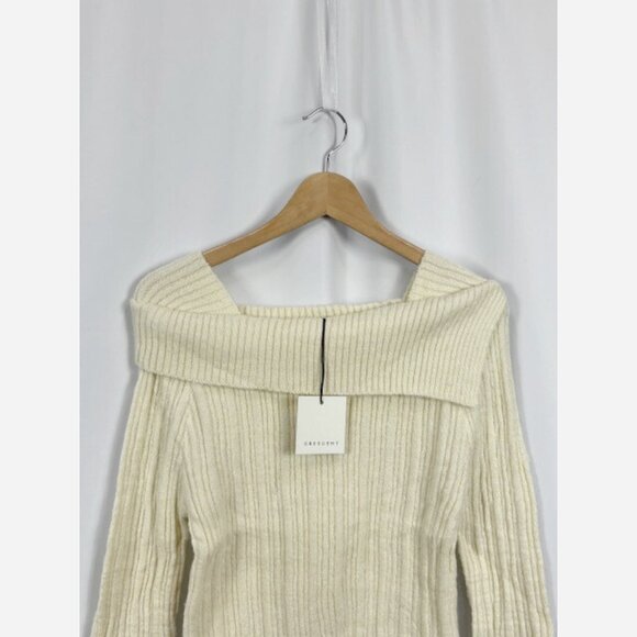 Cream Partial Off Shoulder Sweater – Soft Ribbed Knit - Picture 8 of 9